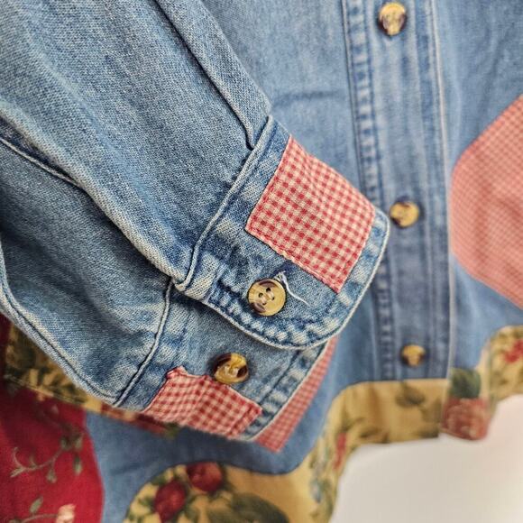 Vintage 90s Denim Blouse Womens Small Red Patchwork Cottagecore Lace Flowers - Picture 6 of 9